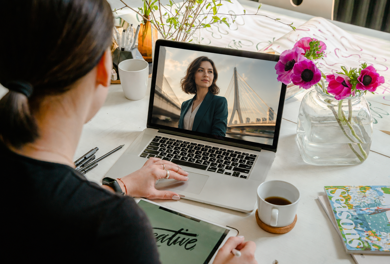 Mujer trabajando frente a una pantalla que conecta creatividad y estrategia a través de un puente