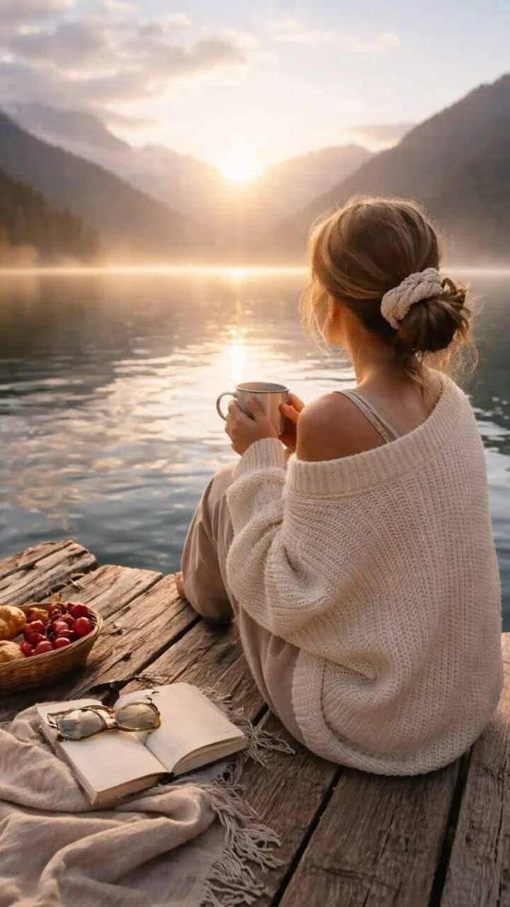 Mujer haciendo una pausa junto al lago
